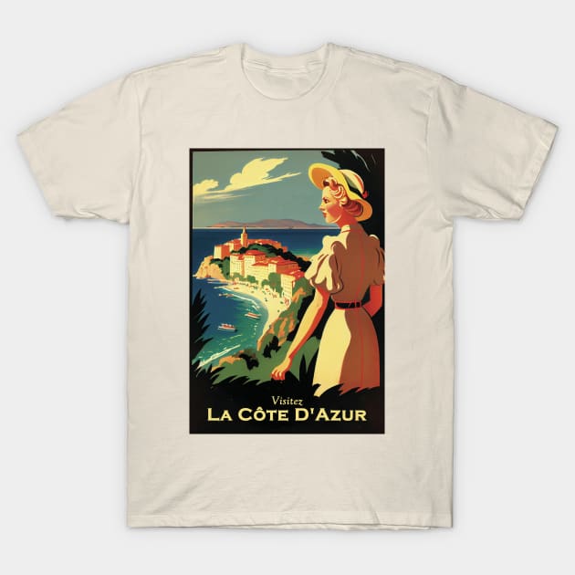 Cote D'Azur Vintage Travel Poster T-Shirt by GreenMary Design